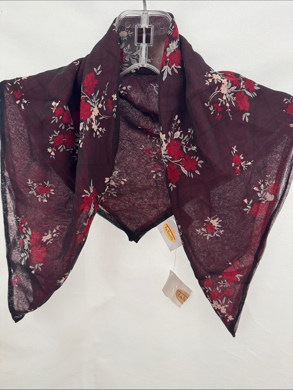 Talbots Burgundy Sheer Floral Scarf with Red Blooms 100% Silk
